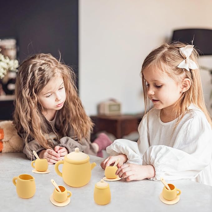 MCGMITT Toy Tea Set, Silicone Tea Party Set for Little Girls Boys, 15 Pcs BPA Free Dishwasher Safe Pretend Tea Set for Toddlers Kids Age 3-6, Non Breakable Cute Toy Kitchen Accessories for Children