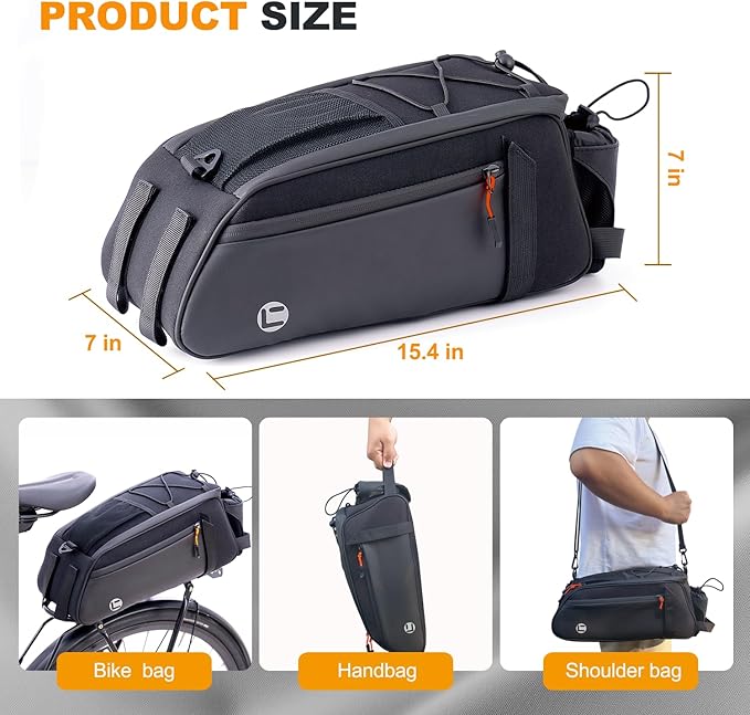 NDakter Bike Bags for Bicycle Rear Rack - 10L Waterproof 3 IN 1 Ebikes Trunk Bag with Water Bottle Holder, Reflective Electric Bike Saddle Panniers with Shoulder Strap for Commuter Travel Outdoor