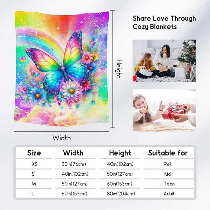 Girls Throw Blanket, Butterfly Blanket Gifts for Girls, Kids Butterfly Gifts with Flower, Warm Flannel Throw for Couch Bed, 60"x80"