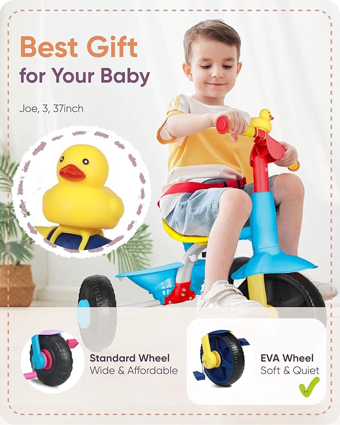 KRIDDO 2 in 1 Kids Tricycles Age 18 Month to 3 Years, Gift Toddler Tricycles for 2-3 Year Olds, Trikes for Toddlers with Push Handle and Duck Bell (Classic, EVA Wheel)