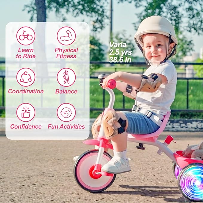Liberry 2 in 1 Toddler Tricycle Age 2 3 4 Years Old, Kids Trike with Light Up Wheels, Adjustable Push Handle, 3 Wheel Bike Outdoor Indoor Riding Toy Gift for Girls Boys, Pink