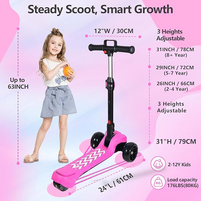 Balance Electric Scooter for Kids Ages 3-12, Full Body Lights Up, Stickers, Wide Deck, 3 Adjustable Heights, 5MPH Safe Speed, 90min Riding, Foldable 3 Wheel Electric Scooter for Kids Boys Girls, Pink