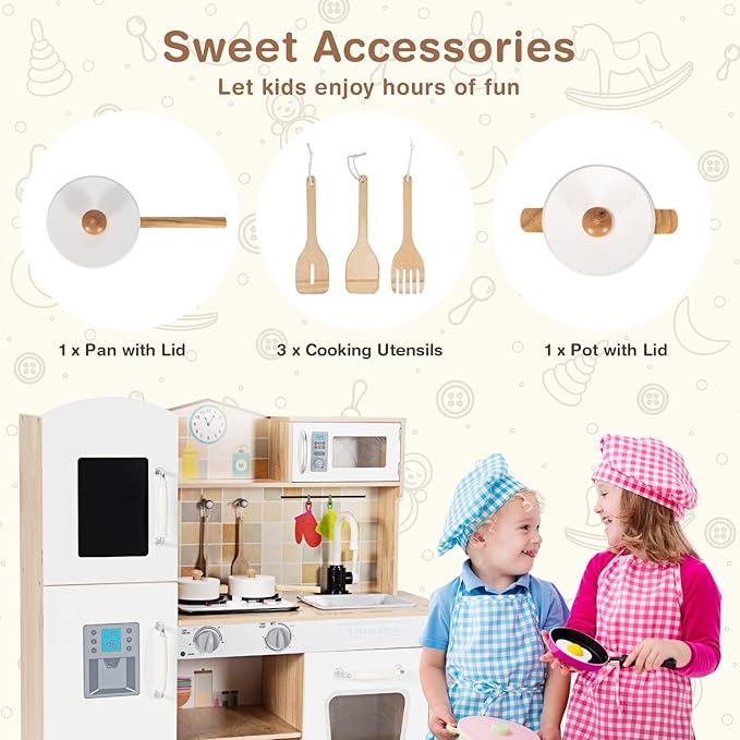 HONEY JOY Kids Kitchen Playset, Wooden Pretend Play Kitchen for Toddlers, Microwave, Faucet, Stove w/Lights, Blackboard, Storage Cabinet, Little Chef Toy Kitchen Set, Gift for Boys Girls 3+, Natural