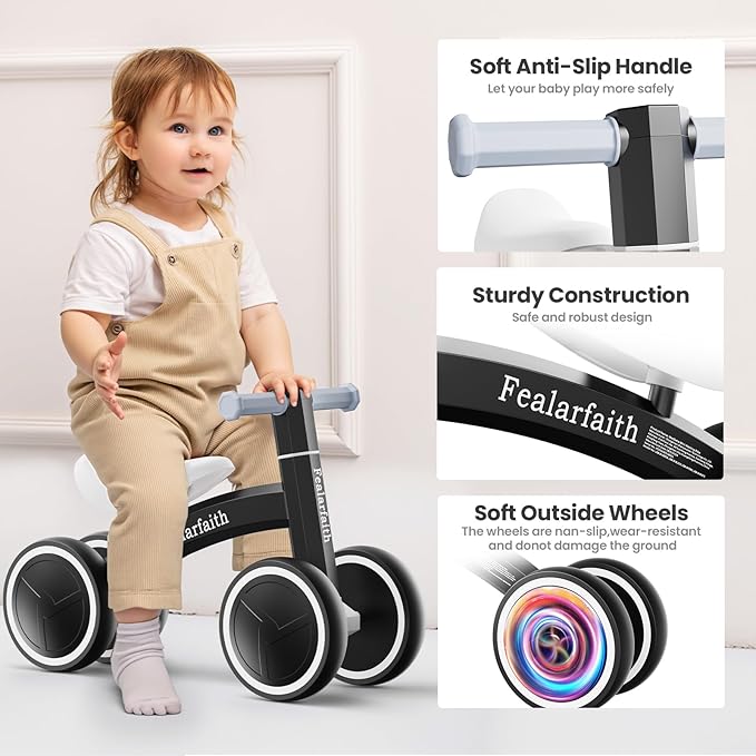 Baby Balance Bike for 1 Year Old Boys Girls, Toddler First Bike with 4 Colorful Lighting Wheels | 10-36 Month Toddler Balance Bike | First Birthday Gifts (Black)