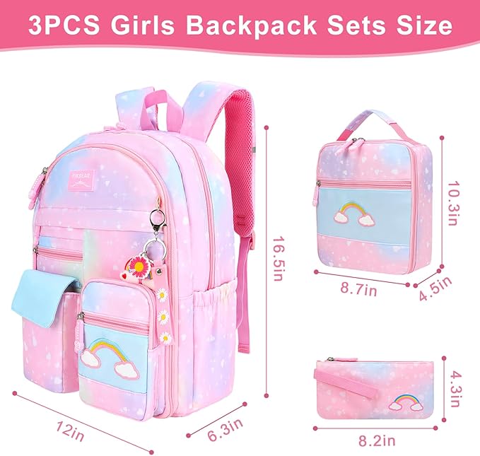 Girls Backpack Set 3 IN 1,Cute Rainbow Kids Backpack with Insulated Lunch Box Pen Case Set Student School Bag(Pink-3 pieces set)