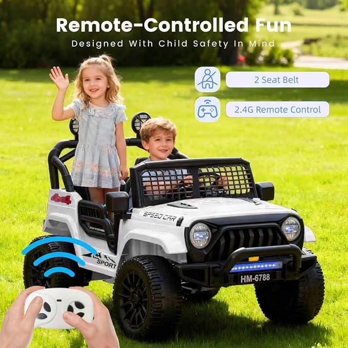 24V 2-Seater Electric Car for Kids, 24V Ride on Car with Remote Control, with 3 Speeds Adjustable, LED Headlight, Bluetooth, Music Player, Ride on Toys for Boys or Girls-White