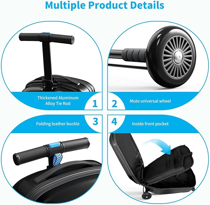 Scooter Hardshell Kids' Luggage, Foldable Carry on Kids Suitcase with Telescopic Handle for Travel, Multifunctional Ride On Lightweight Luggage with Wheels, Light Black