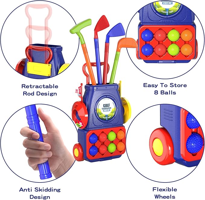 QDRAGON Kids Golf Clubs, Toddler Golf Set with 8 Balls, Putting Mat, 4 Golf Sticks, 2 Practice Holes and Golf Cart with Wheels, Indoor Outdoor Sport Toys for Boys Girls Ages 3 4 5+