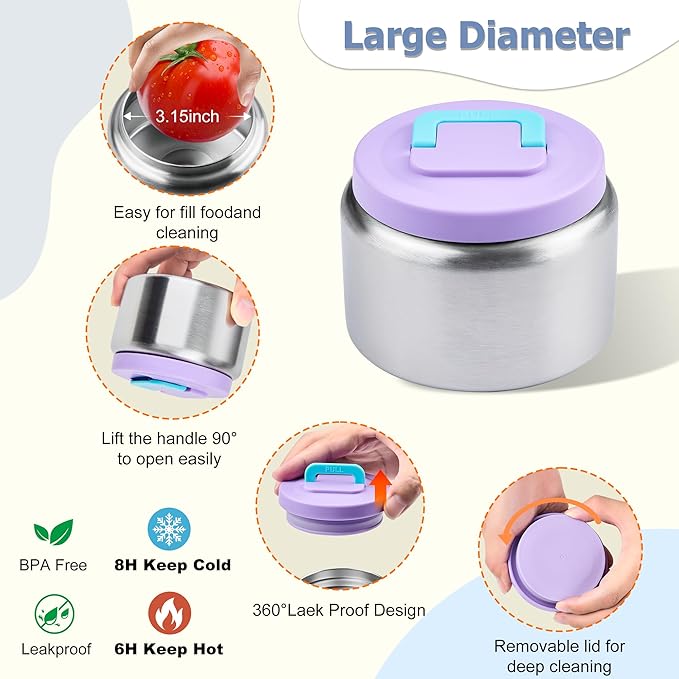 MAISON HUIS Bento Box for Kids with 8oz Soup Thermo, Leak-proof Lunch Food Containers with 5 Compartment, Insulated Lunch Bag & 17oz Stainless Steel Water Bottle for School, Trvael