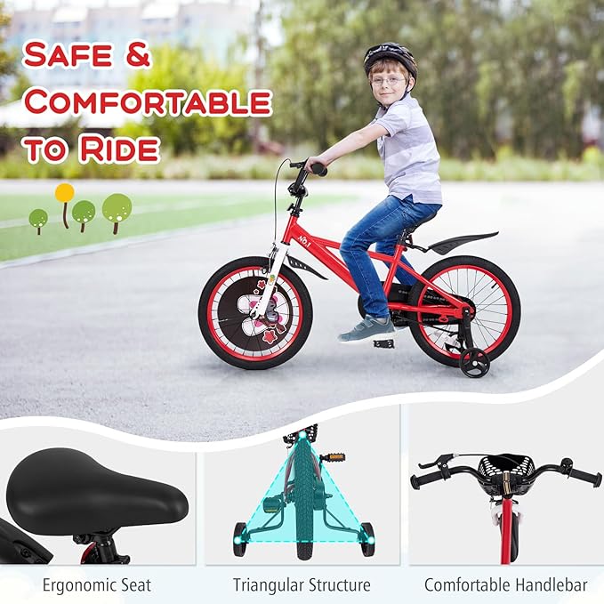 BABY JOY Rabbit Pilot Sporty Kids Bike, 12 14 16 18 Inch Child Bike for 3-8 Years Old with Adjustable Height, Training Wheels, Storage Basket, Handbrake & Coaster Brake, Kids Bicycle for Girls Boys
