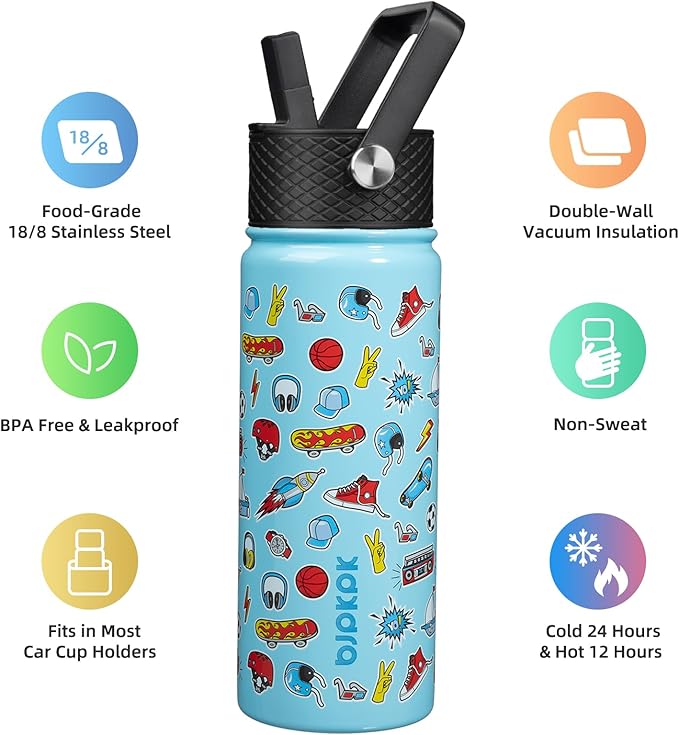 BJPKPK Insulated Water Bottle with Straw Lid, 18 oz Stainless Steel Metal Water Bottles, Reusable Leak Proof BPA Free Water Bottles, Cups, Thermo, Playground