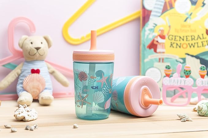 Zak Designs Shells Kelso Tumbler Set, Leak-Proof Screw-On Lid with Straw, Bundle for Kids Includes Plastic and Stainless Steel Cups with Bonus Sipper (3pc Set, Non-BPA)