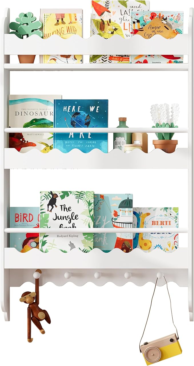 Treocho Kids Bookshelf, 3-Tier Wall Mounted Book Shelf, Kids Bookshelf and Toy Storage for Living Room, Bedroom and Nursery, White