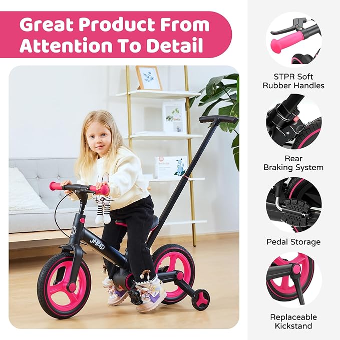 JMMD Toddler Bike with Push Handle for Kids 18-60 Months, 6 in 1 Foldable Push Bike with Training Wheels, Pedals, Brakes, Kickstand, Kid Balance Bike Gift & Toys for Boy & Girl