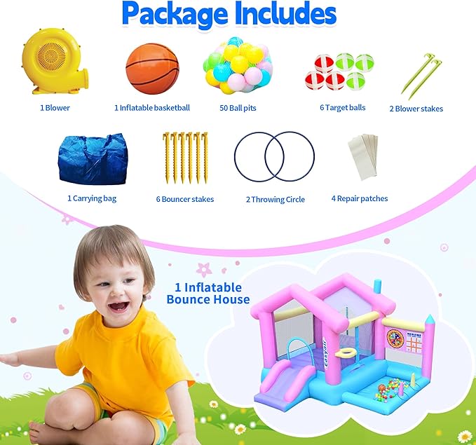 Inflatable Bounce House for Kids 3-10, 123" L x 110" Bouncy Castle, Jumping, Slide, Basketball Hoop, Ball Pits, Rings, Target Game Blower Included