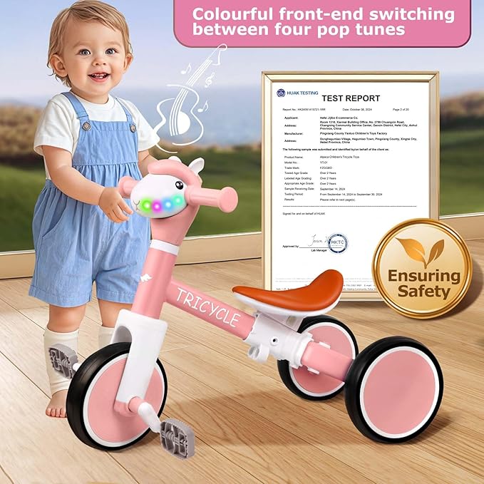 Tricycle for Toddlers 1-5 Year Olds, Toddler Balance Bike for Boys Girls 2-4, Toddler Tricycle with Light & Music Front, Kids Bicycle with Removable Pedal, Birthday Gifts for 1 2 3 4 5 Year (Pink)