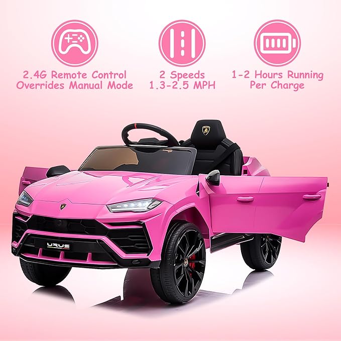 Electric Car for Kids 12V Licensed Lamborghini Ride On Car with Remote Control,Max Speed 2.5Mph,LED Lights,Music Players,Lockable Doors,Spring Suspension,Toddler Cars to Drive,Pink