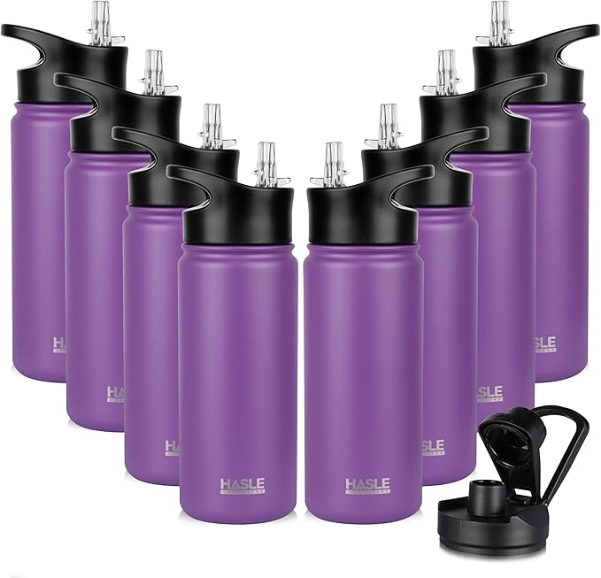 HASLE OUTFITTERS Insulated Water Bottle Kids 16 oz Double Wall Vacuum Stainless Steel Water Bottle Leak Proof for School Wide Mouth with Straw Lid & Spout Lid Keeps Cold and Hot(Purple,8pack)
