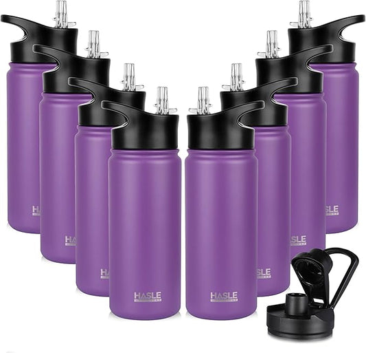 HASLE OUTFITTERS Insulated Water Bottle Kids 16 oz Double Wall Vacuum Stainless Steel Water Bottle Leak Proof for School Wide Mouth with Straw Lid & Spout Lid Keeps Cold and Hot(Purple,8pack)
