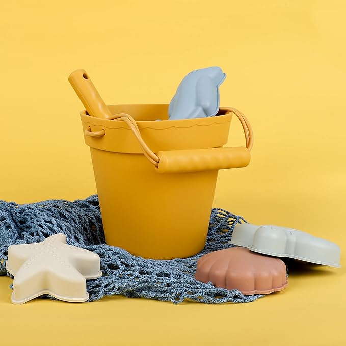 BLUE GINKGO Silicone Beach Toys - Modern Baby | Travel Friendly Toys Set | Silicone Bucket, Shovel, 4 Sand Molds, Beach Bag | Sand Toys for Toddlers, Kids - Yellow