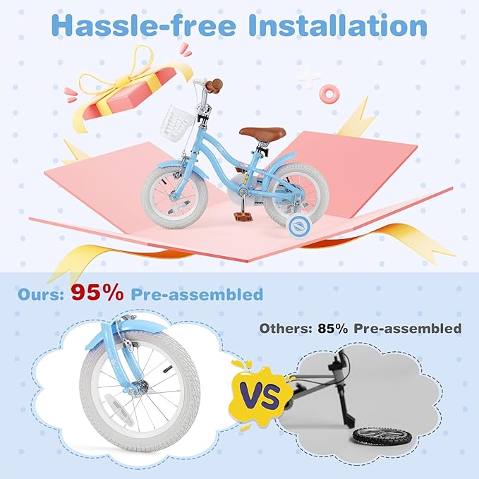 BABY JOY Kids Bike, 12 14 16 18 20 Inch Boys Girls Bike w/Adjustable Seat, Removable Basket, Handbrake & Coaster Brake, Training Wheels or Kickstand, Kids Bicycle with Multi-Color