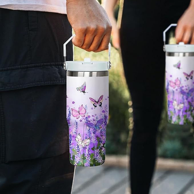 30 Oz Flip Tumbler with Handle Lid and Straw,Purple Butterfly Reusable Tumbler Water Bottle Travel Coffee Cup Mug,Butterfly Gifts for Women Mom Daughter Girlfriend Teenage Girls Bridesmaid