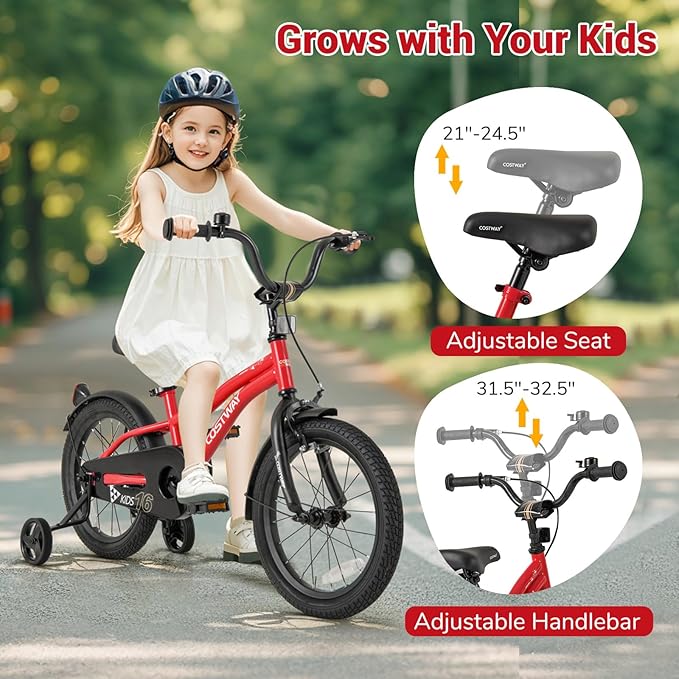 COSTWAY 12/14/16/18 Inch Kids Bike, Children Toddler Bicycle with Training Wheels, Adjustable Seat & Handlebar, Handbrake & Coaster Brake, Reflectors, Bell, Suitable for 3-8 Years Old Boys Girls