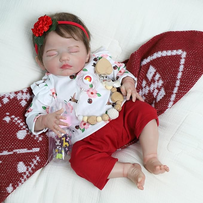SCOM 20 Inch Realistic Reborn Baby Doll, Lifelike Newborn Sleeping Girl, Soft Cloth Body & Vinyl Limbs, Gift Feeding Set & Gift Box, Safe Toy for Kids 3+ / Companionship Doll