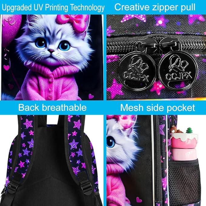CCJPX 3Pcs Cat Backpack for Girls, 16” Kids Bookbag with Lunch Box, Water Resistant Elementary School Bag for Kindergarten Preschool Toddler (Black)