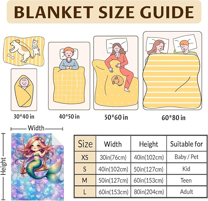 Kids Blankets for Girls Mermaid Blanket for Kids 6-8 Gifts for Mermaid Lovers, Cute Warm 50 x 40 Inches Flannel Throw for Sofa Bed Living Room Decor