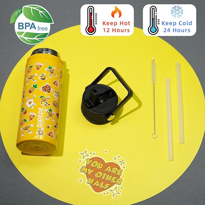 BJPKPK Insulated Water Bottle with Straw Lid, 18 oz Stainless Steel Metal Water Bottles, Reusable Leak Proof BPA Free Water Bottles, Cups, Thermo, Hawaii Fruits-Yellow