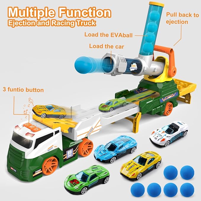 Dwi Dowellin Truck Toys for Kids, 28" Large Car Toys Include 4 Racing Cars+6 Ball, with Light & Sounds, Eejection&Shooting Transport Cars Toy, Gifts for Boys Girls-Green