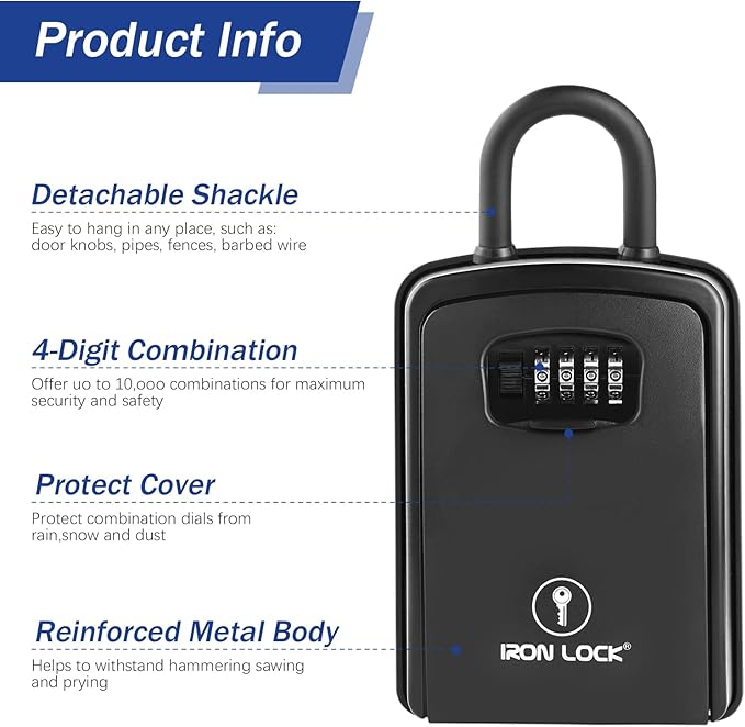 Iron Lock® XXL Portable Key Lock Box and Wall Mounted with Removable U-Shackle Waterproof Indoor Outdoor 4 Digit Combo with Resettable Code with A B Switch Extra Large Key Lockbox Outside (XXL, Black)