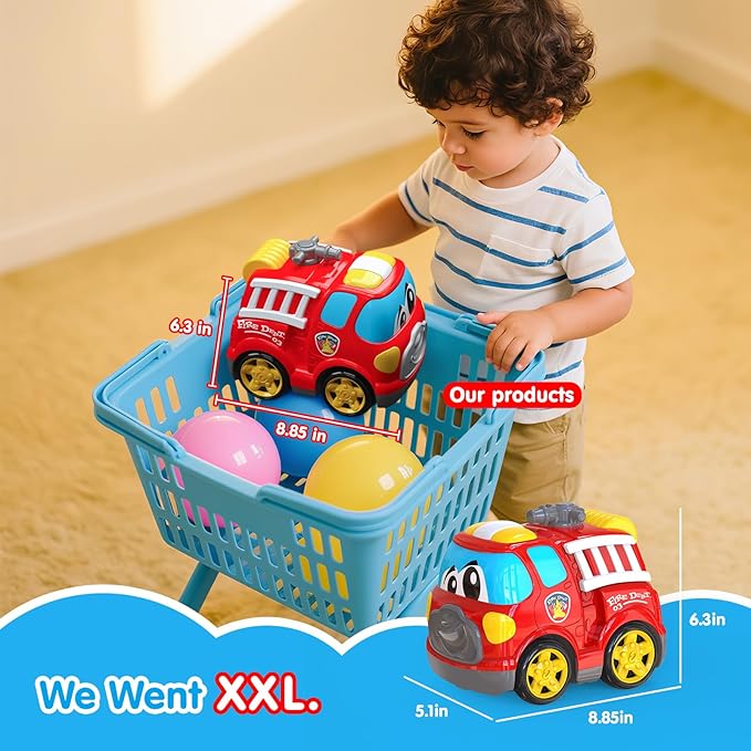 Remote Control Car, 2.4G Cartoon Emergency Vehicle, RC Fire Truck Engine Toys with Lights & Music, Birthday Gifts for Toddlers, Kids, Boys & Girls 1-5 Years Old (Red)