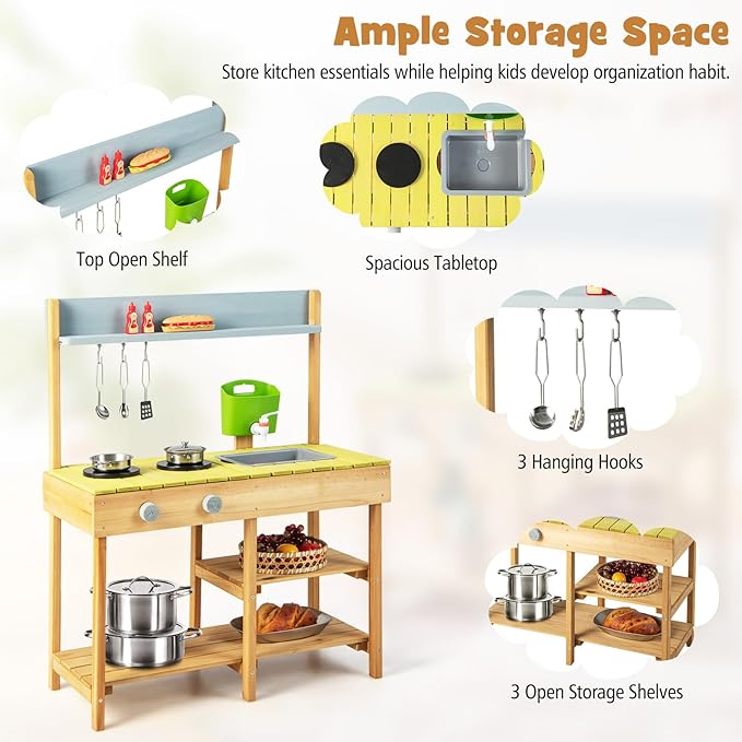 Costzon Wooden Kids Play Kitchen, Outdoor Mud Kitchen with Removable Sink, Water Box & Faucet, Stove Top, Storage Shelves, Fun Backyard Pretend Kitchen Playset for Boys Girls 3+ (Green)