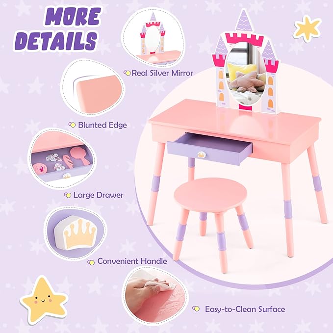 HONEY JOY Kids Vanity Set, Castle Pretend Play Vanity Table & Chair Set w/Drawer, Princess Makeup Dressing Table for Toddlers, Rich Accessories, Girls Vanity Set with Mirror and Stool, Pink