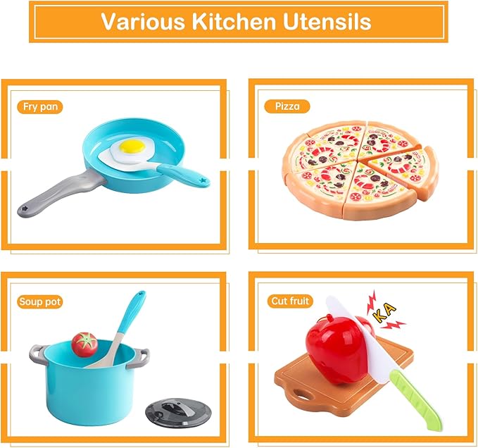 150Pcs Kitchen Playset, Toddlers Pretend Cooking Cookware Accessories, Food, Picnic Blanket, Fruits, Veges, 2Pack Shopping Storage Basket, Dessert and Prop Money, Gift for Kids (Turquoise)