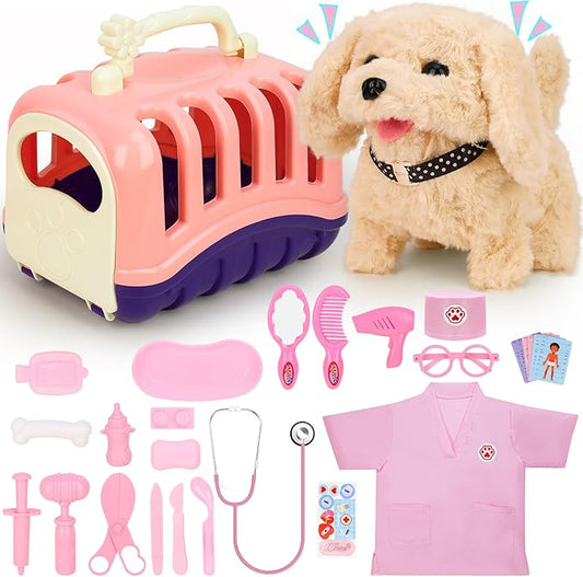 Doctor Kit for Toddlers, 27 Pcs Veterinarian Playset with Walking Dog Toy, Carrying Bag, Stethoscope & Dress Up Costume, Pretend Play Vet Toy for Girls Christmas Birthday Gift Ages 3-6