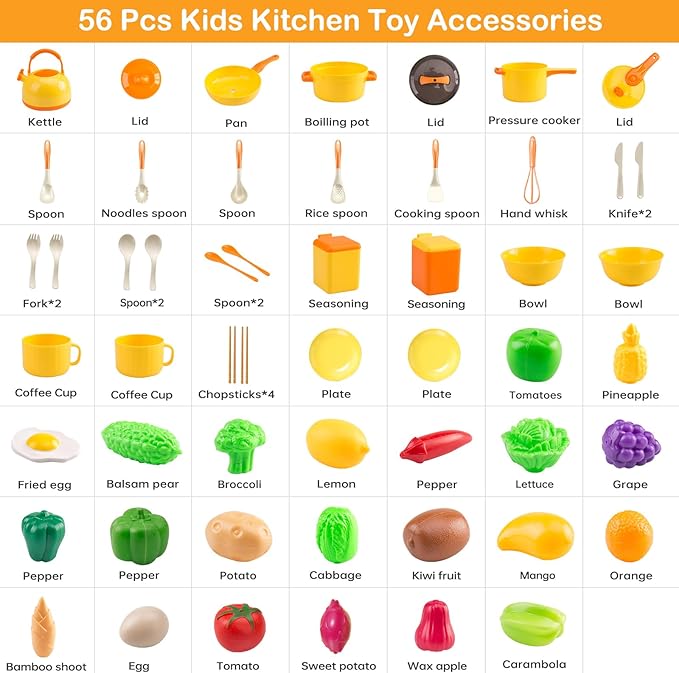 56Pcs Mini Play Kitchen Accessories for Kids, Pretend Cooking Playset with Cookware, Tableware & 2 Fruit Sets, Learning Gift for Girls, Boys, Toddlers, Yellow