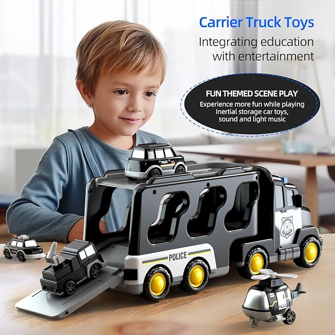 5 in 1 Police Trucks Cars Toys for Toddlers 3-5, Boy Toddler Car Truck Toys with Light Sound, Birthday Gifts Toys for 3 4 5 6 Year Old Boy, Transport Carrier Truck for Toddlers 3-5 Years
