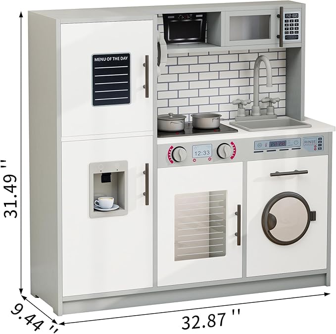 Kids Kitchen Playset with Lights & Sounds, Wooden Play Kitchen with Sink, Washing Machine, Ice Maker & Pretend Play Accessories, Educational Toy Kitchen Set for Toddlers, White