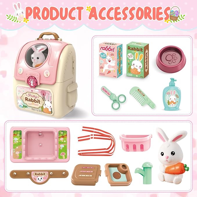 Shemira Girl Toys Gifts for 2 3 4 5 6 Years Old, Toddler Girl Toys, Bunny Toys for Kids, Easters' Gifts for Girls, Pet Care Pretend Toys with Toy Bunny & Storage Backpack