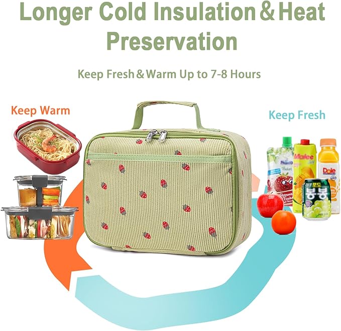 Bluboon Kids Girls Lunch Bag Insulated Lunch Box for school Corduroy Lunch Cooler Organizer School Kids Lunch Tote (Corduroy-Strawberries-Green)