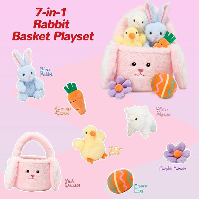 7 Piece Plush Stuffed Animals Playset Toys with Rabbit, Chick, Lamb, Carrot, Egg, Flower, Furry Bag, Soft Basket Set Toys for Girls Kids Ages 3+, Birthday Christmas Valentines Easter Party Favors