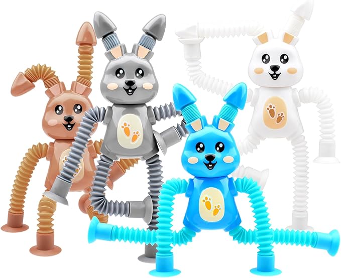 4Pcs Telescopic Suction Cup Rabbit Toys,Sensory Toys for Kids 3-5 5-7,Toddler Toy,Fidget Toy,Toddler Travel Essential for Airplane,Pop Tubes, Christmas Stocking for Kids Boys Girls I