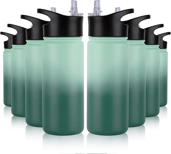16 oz Insulated Water Bottle Bulk 8 Pack, Straw & Spout Lid, Keep Cold 24H, Spill Proof, BPA-Free, Double Wall, Stainless Steel Kids Water Bottles for School, Sports, Green Gradient