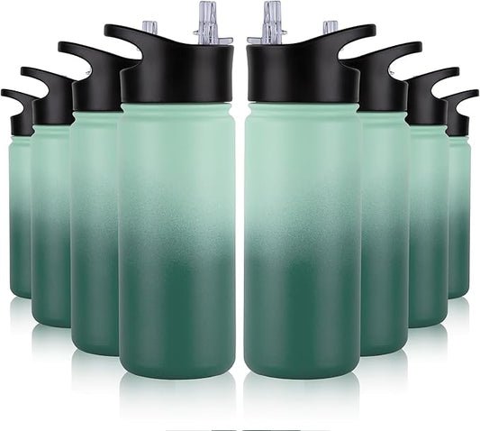 16 oz Insulated Water Bottle Bulk 8 Pack, Straw & Spout Lid, Keep Cold 24H, Spill Proof, BPA-Free, Double Wall, Stainless Steel Kids Water Bottles for School, Sports, Green Gradient