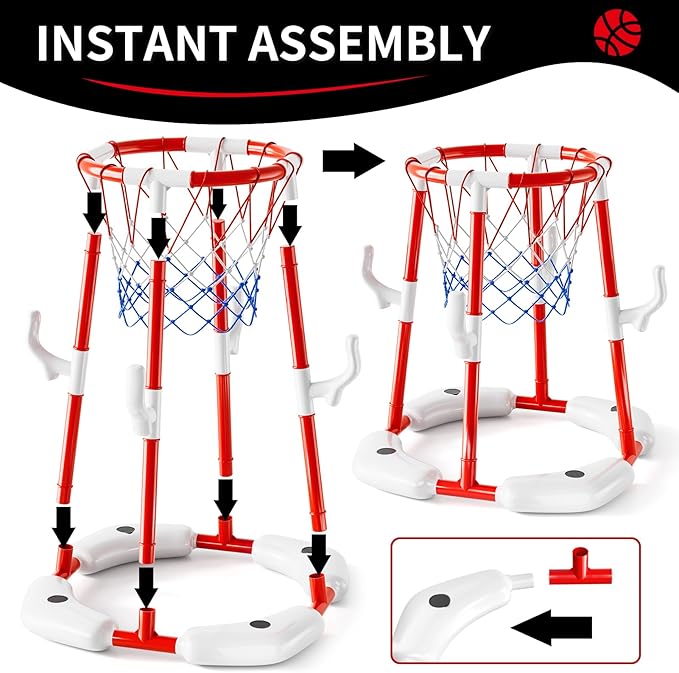 Pool Basketball Hoop Toys for Kids Ages 4-8 8-12 & Adult, Summer Outdoor Swimming Pool Games Water Play Toys Family Party for Kids, 2 in1 Pool Basketball Hoop & Ring Game with 4 Balls 12 Rings & Pump