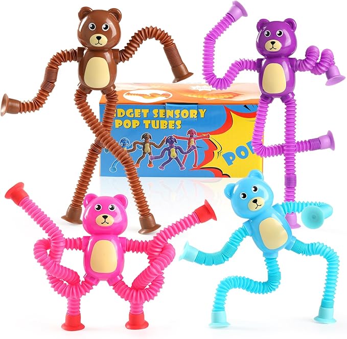 Bear Sensory Toys 4Pcs for Toddlers Kid Boy, Travel Airplane Activities Suction Autism Pop Tube Fidget Toys ADHD Autism Plane Road Trip Activities Essential,Stocking Stuffer Autistic Gifts