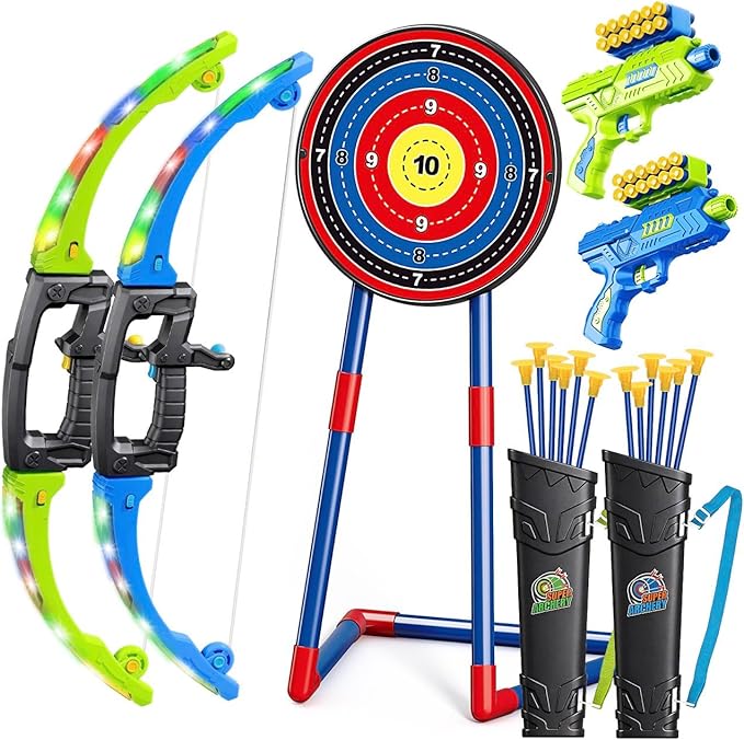 2 Pack Bow and Arrow Toy for 5 6 7 8 9 10+ Year Old Boys,Iddeal Gift for Kids,Indoor Outdoor Shooting Game Toy for Ages 4-8 8-12, LED Light Up Archery Set with 12 Suction Cup Arrows